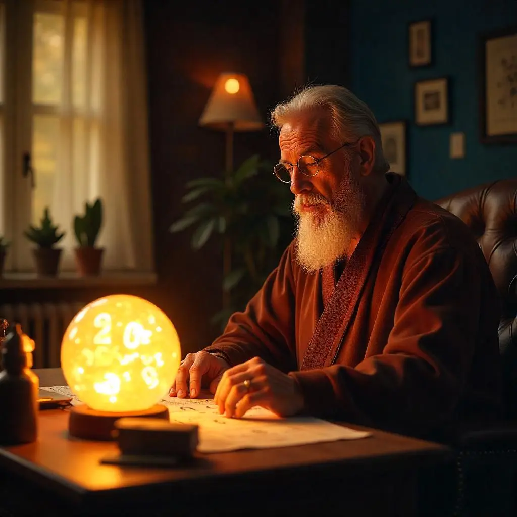 Experienced numerologist selecting lucky numbers with mystical charts and glowing symbols