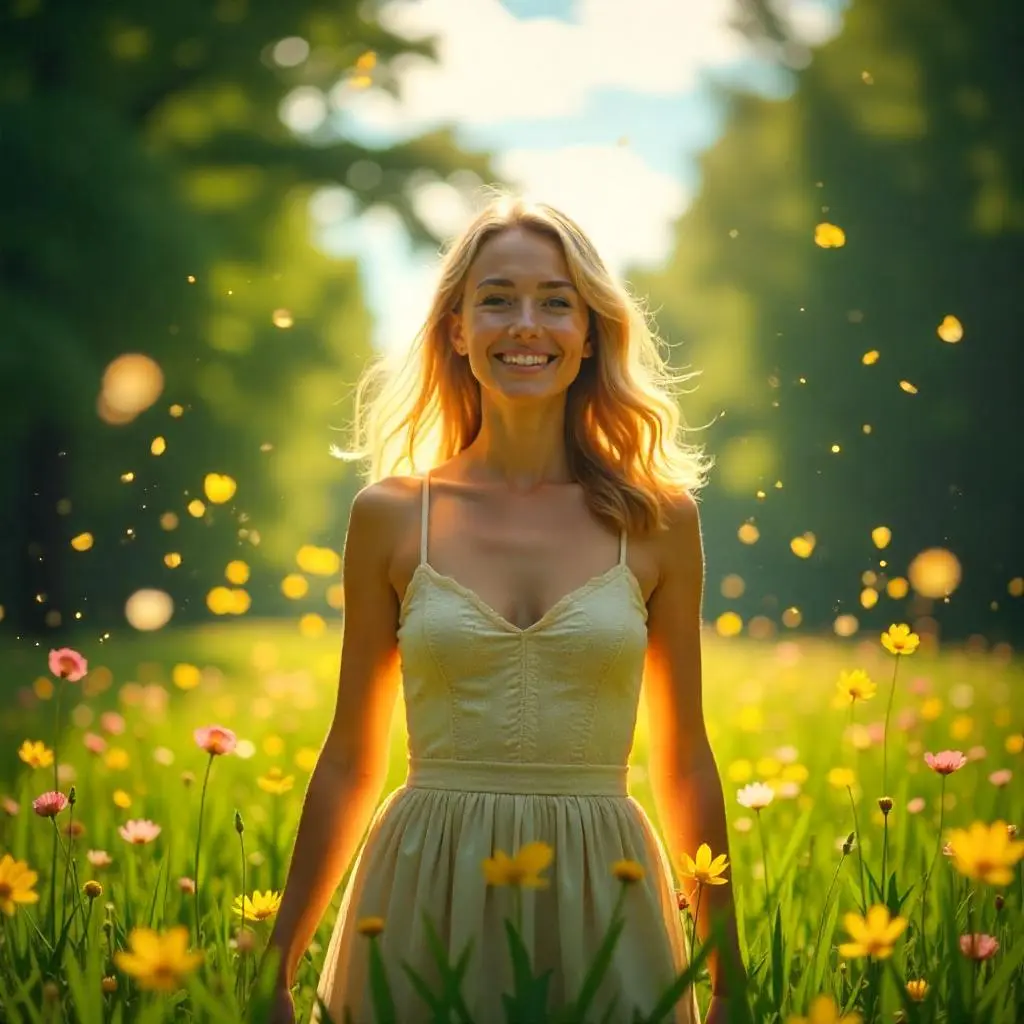 Person radiating positive energy and luck boost in a vibrant, sunny landscape.