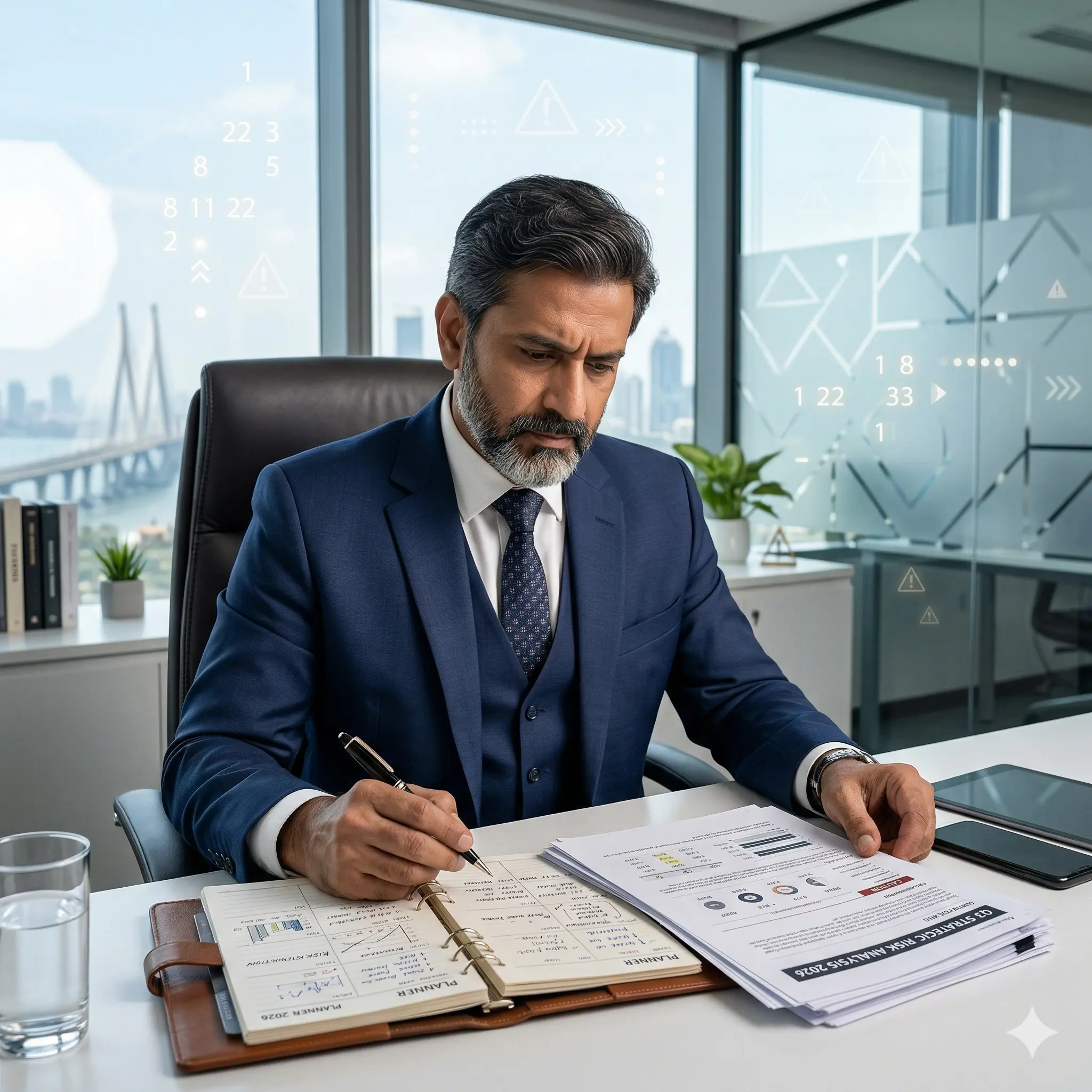 Indian businessman avoiding risky situations using numerology planner and careful planning