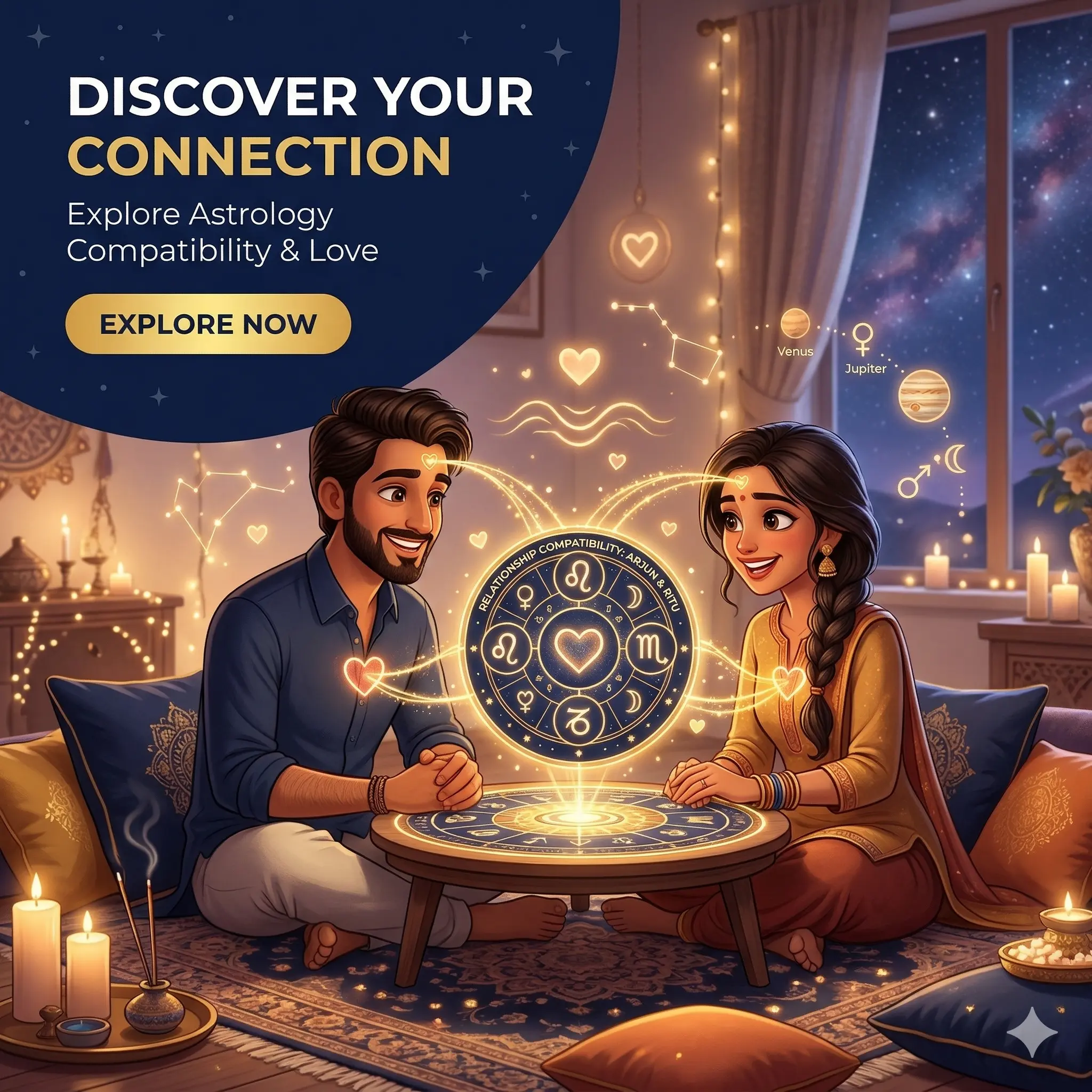 Couple checking love compatibility using astrology and zodiac relationship analysis