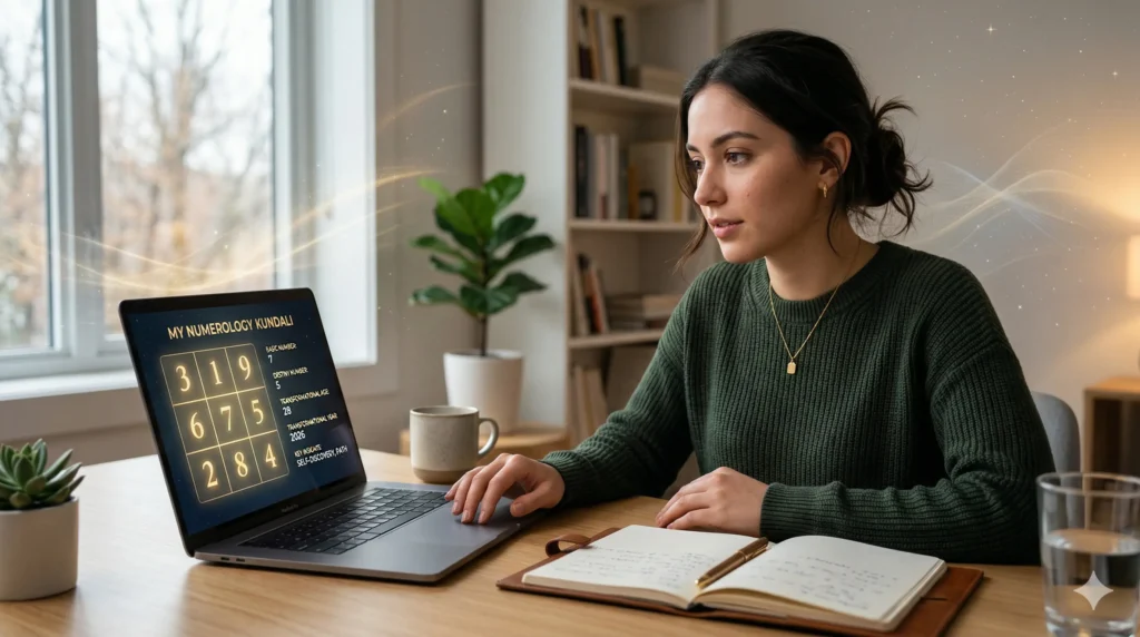 Young professional analyzing numerology Kundali chart on laptop with 3x3 grid, destiny number and life path insights in modern workspace