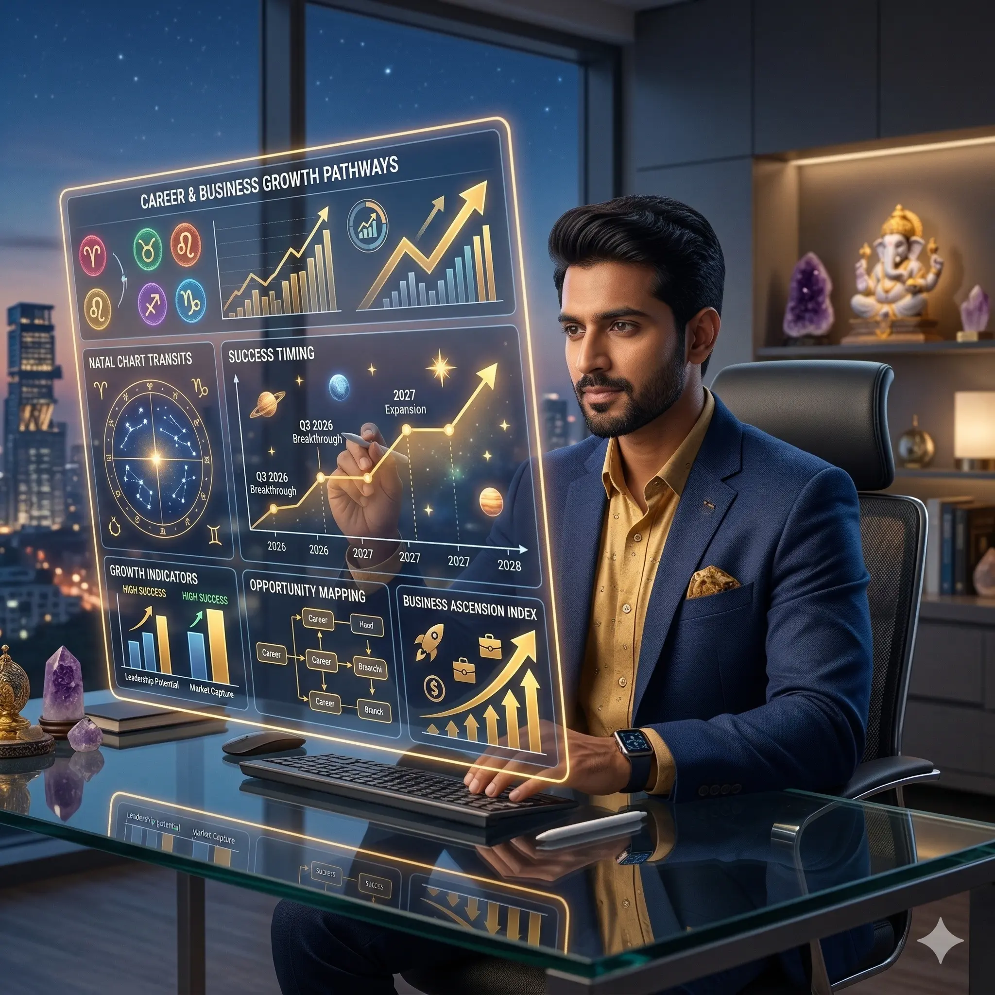 Career and business astrology guidance showing success path and growth timing through horoscope