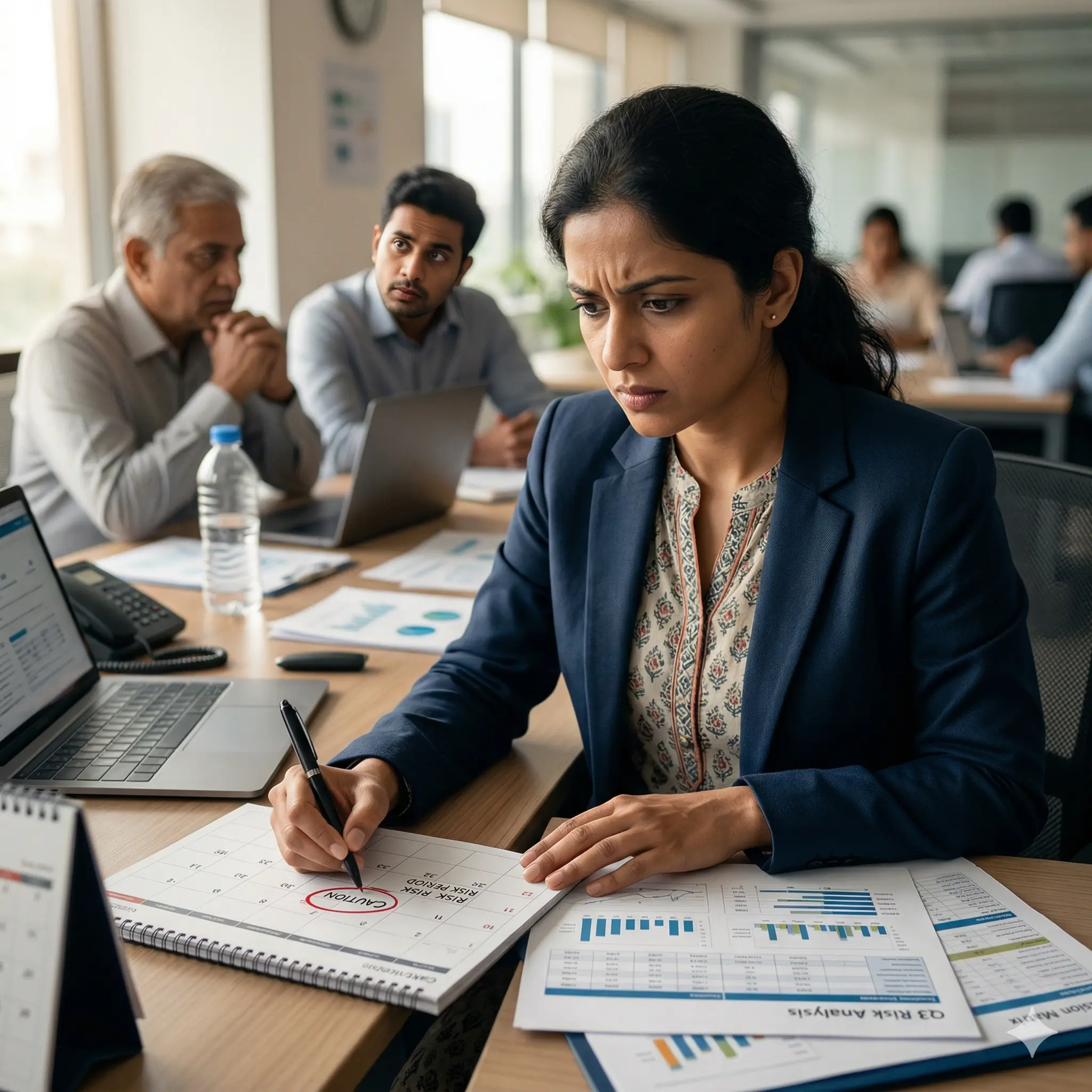 Indian professional identifying caution periods and risky dates using yearly numerology planner 2026