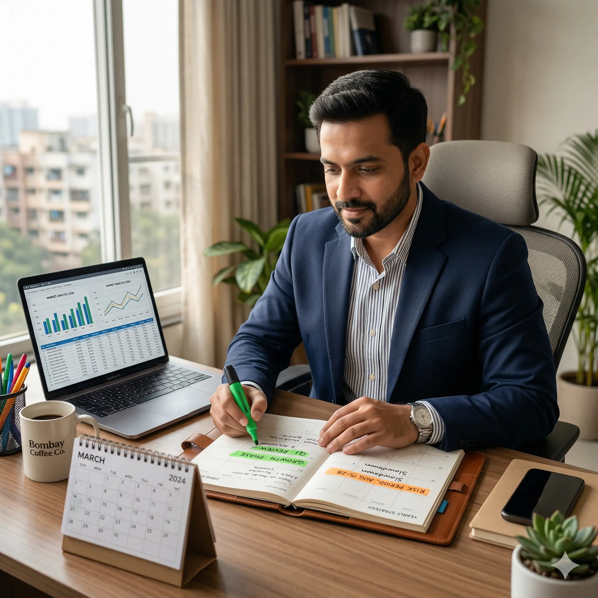 Indian professional analyzing yearly numerology planner to identify strong and weak phases for better decision making