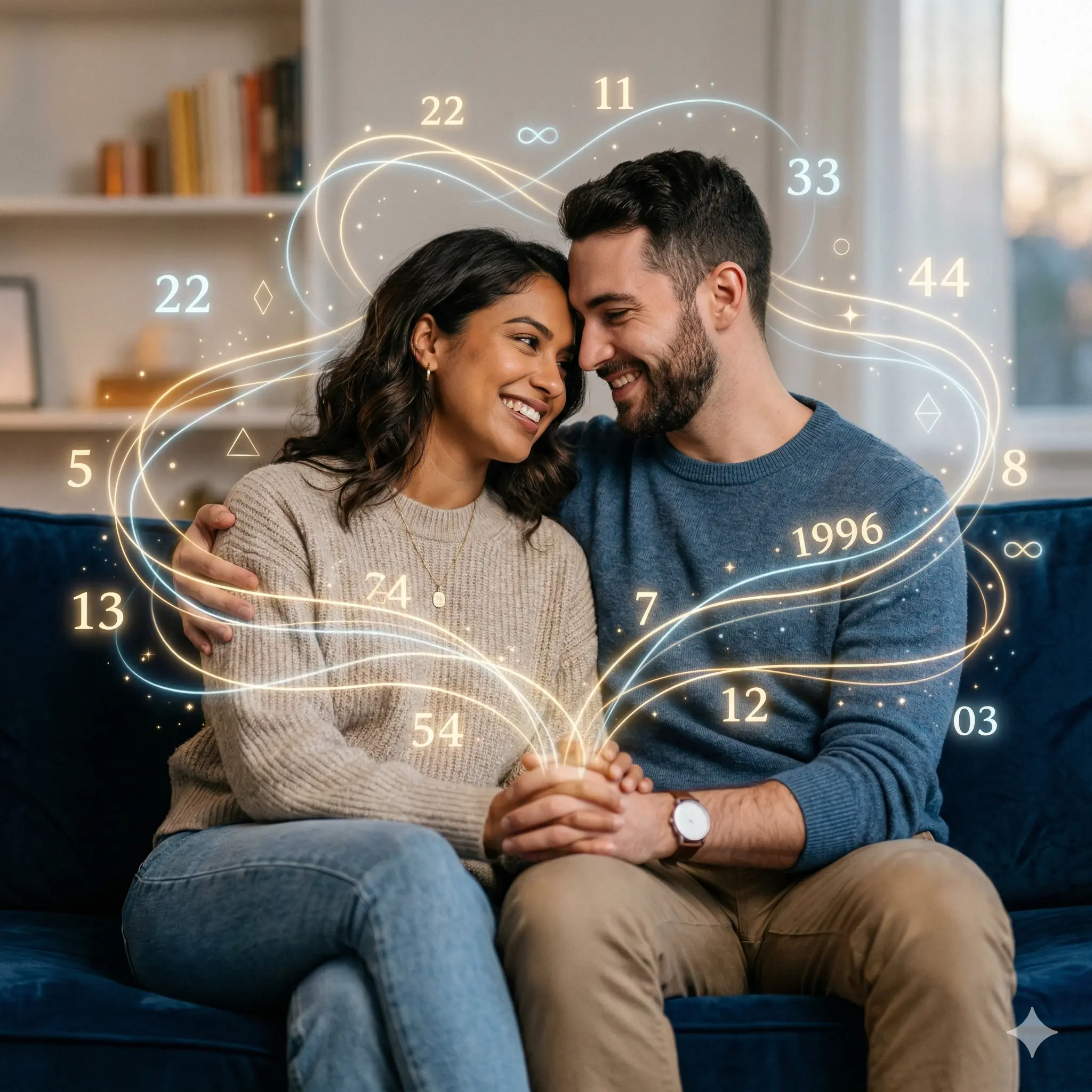 Numerology compatibility analysis showing a couple connected with harmonious energy and numbers
