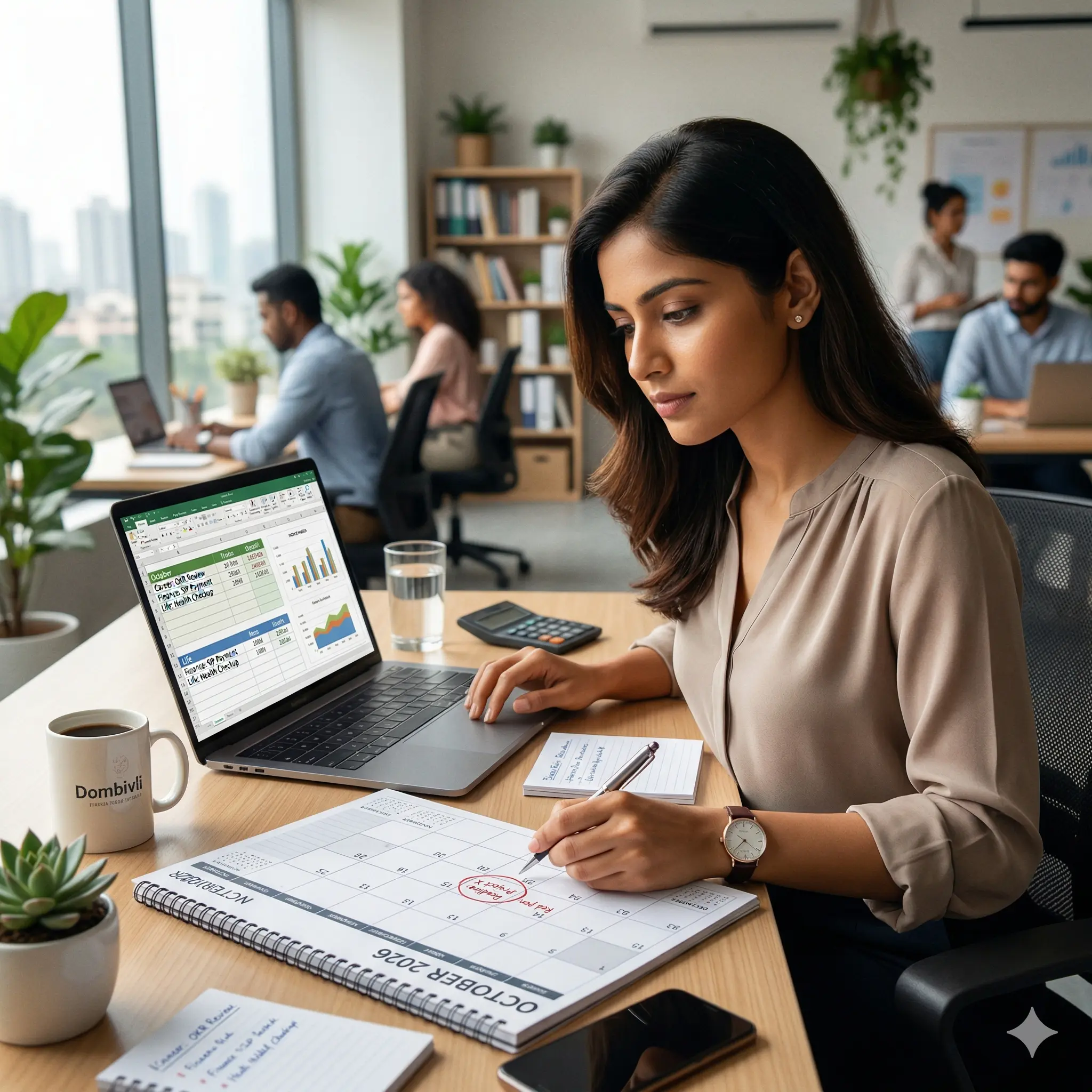 Indian person planning month by month using numerology yearly planner 2026 with calendar and laptop