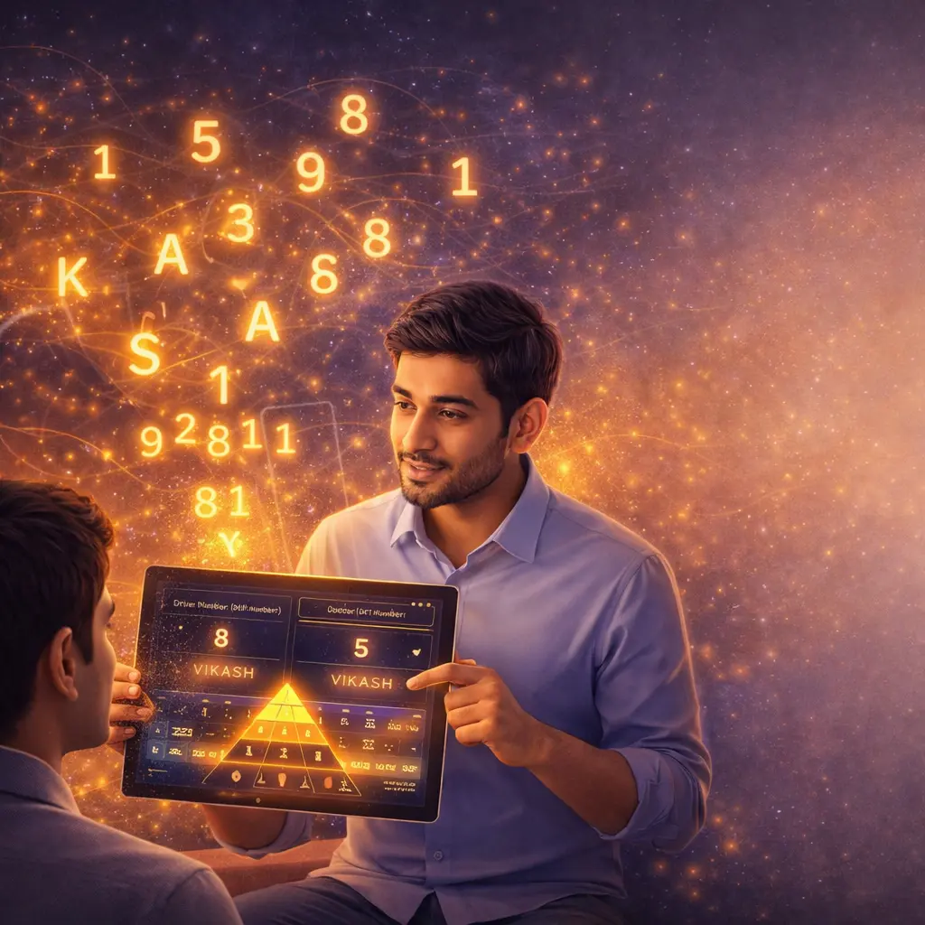 Indian numerologist calculating driver number and conductor number on digital tablet with glowing numerology chart and life path number analysis
