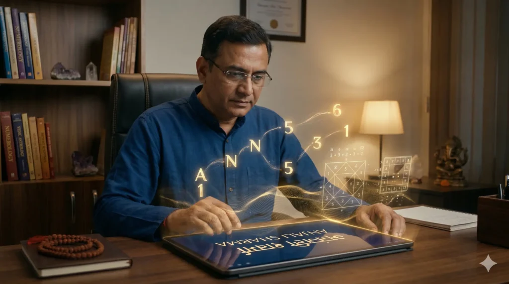 Numerology expert performing name correction using digital numerology chart