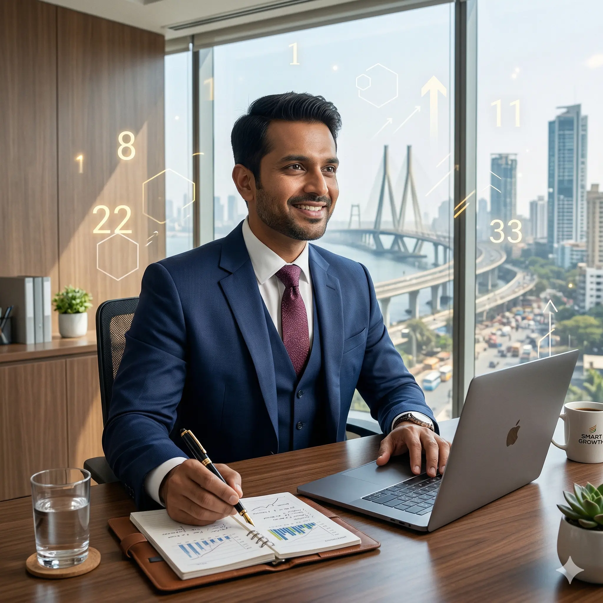 Indian businessman planning business growth using numerology yearly planner 2026 with financial charts