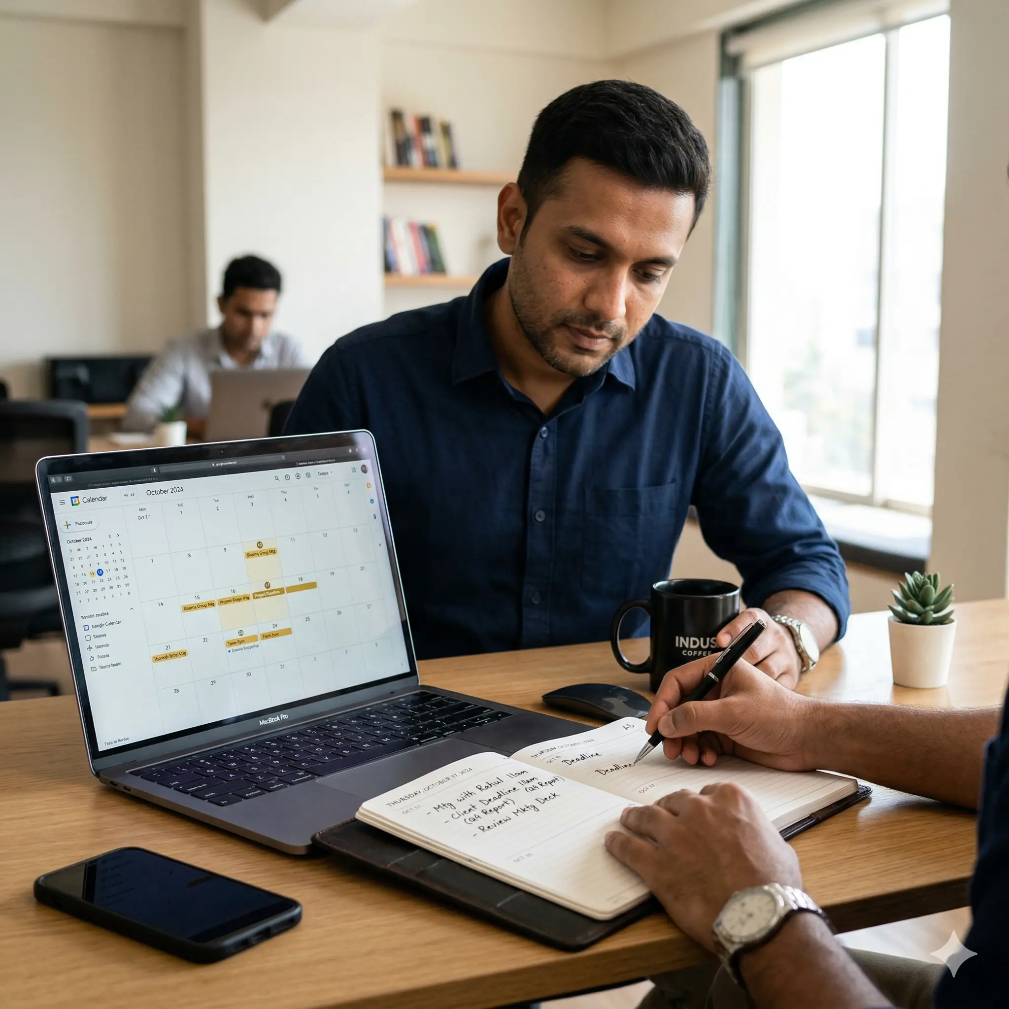 Professional planning important work using calendar and planner for better time management