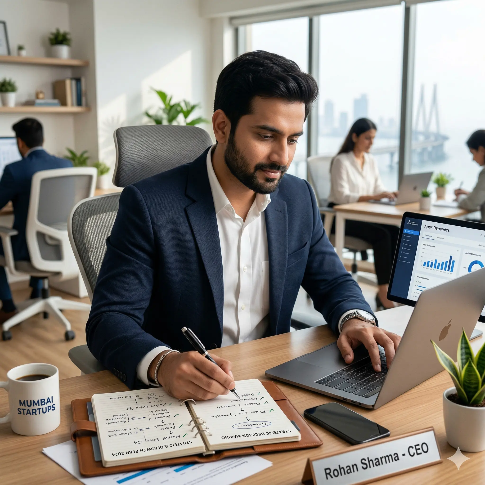 Indian entrepreneur taking strategic action using planning and analysis for success