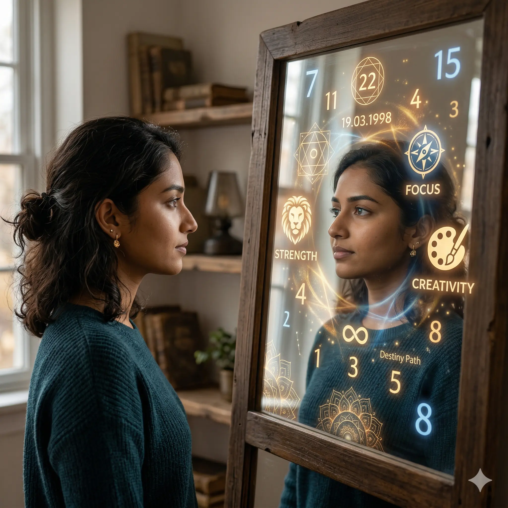 Numerology personality analysis showing a person discovering strengths and weaknesses through numbers