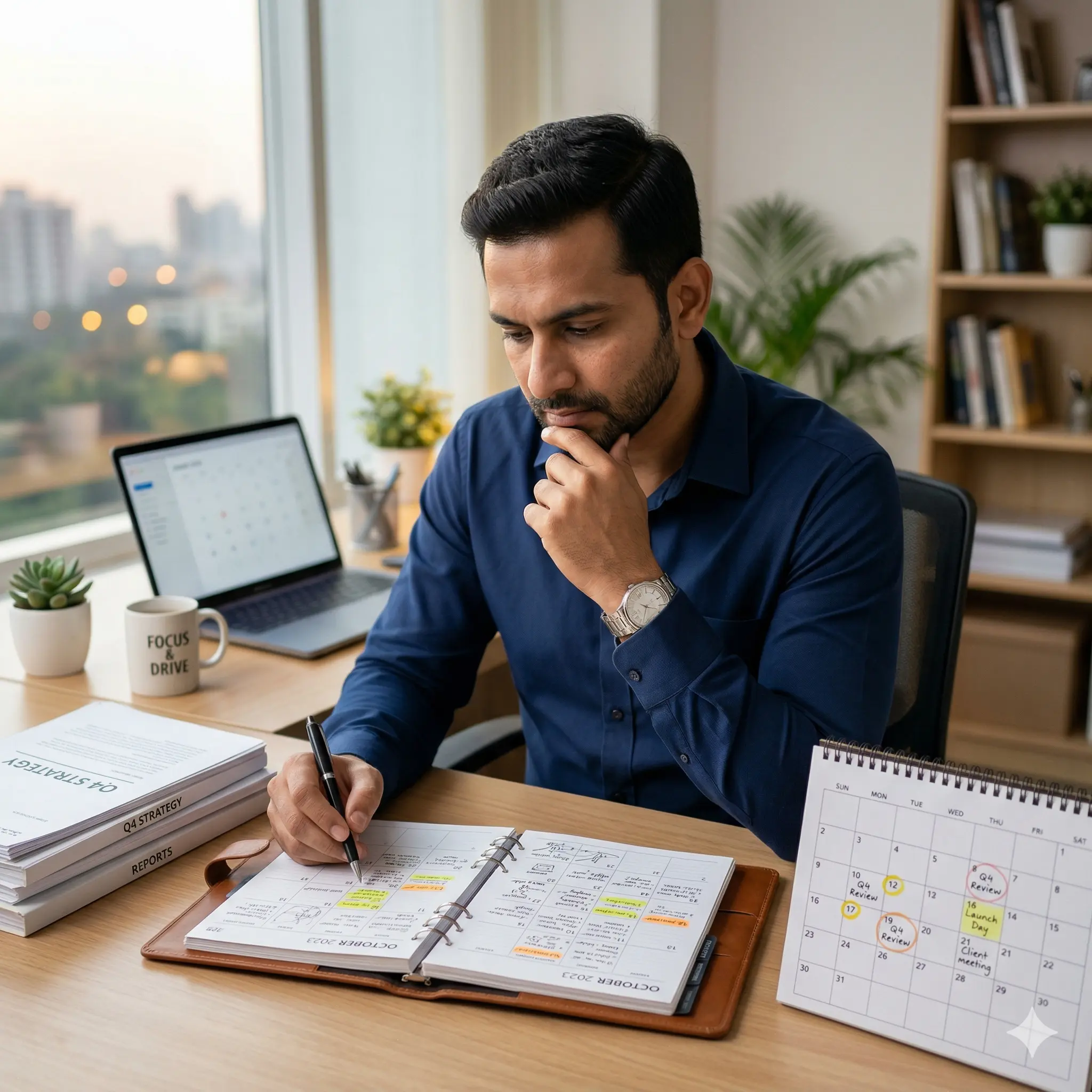 Indian professional analyzing calendar and planner to understand correct timing for decisions