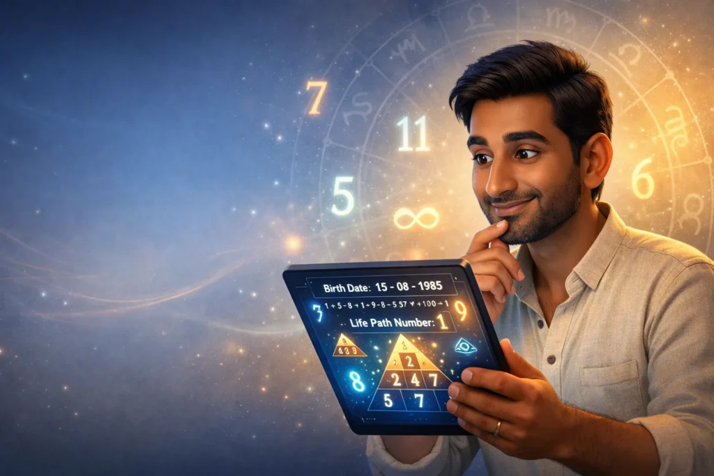 Indian man discovering numerology insights on a digital tablet showing life path number calculation and mystical numbers