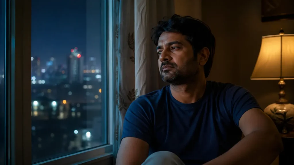 Life Path Number 7 Meaning . Indian man sitting quietly near window reflecting deeply symbolizing life path number 7 personality