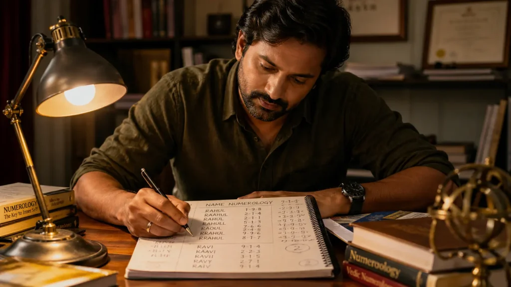 Indian man analyzing name numerology chart and writing different spellings