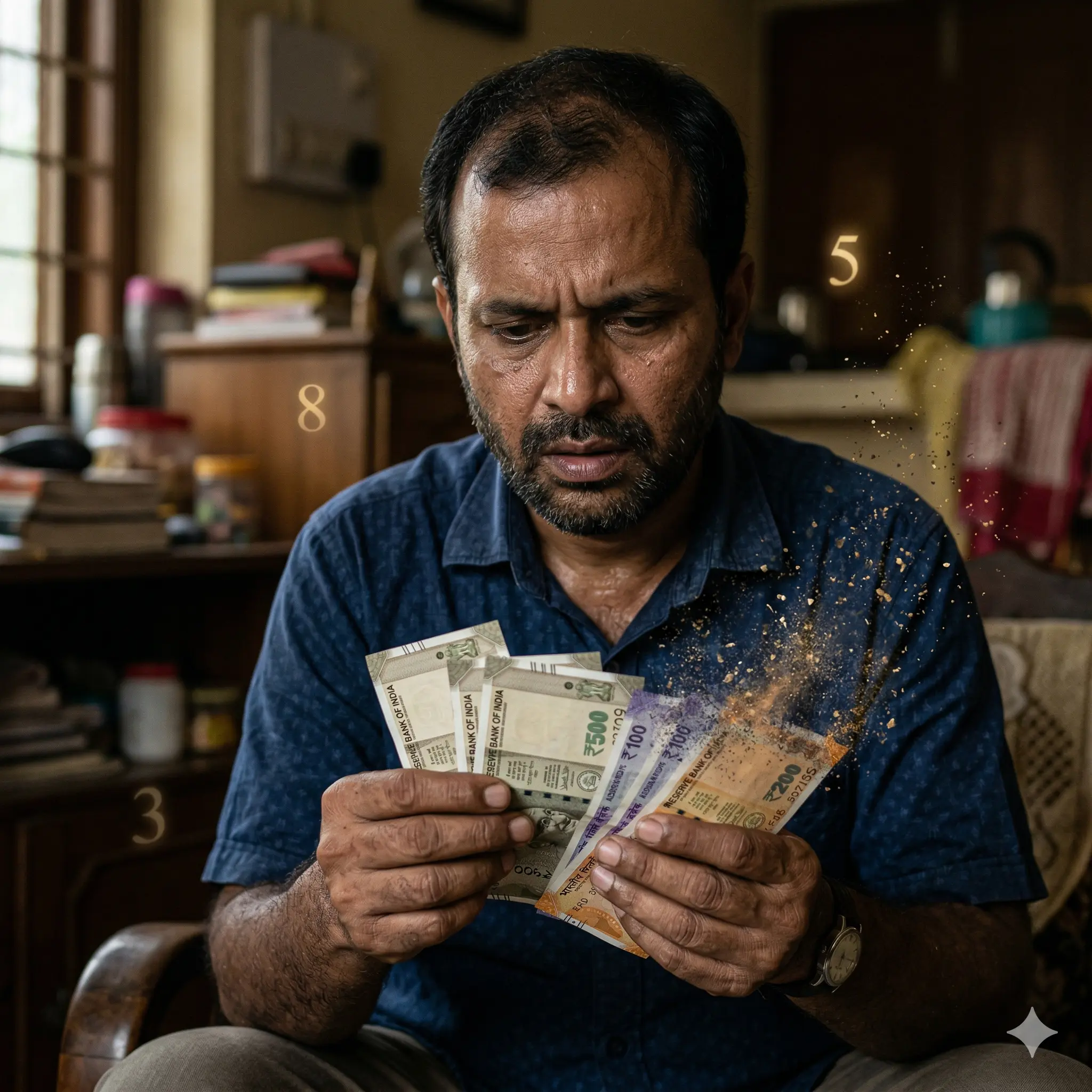 Indian person holding money that is disappearing symbolizing financial instability with numerology elements