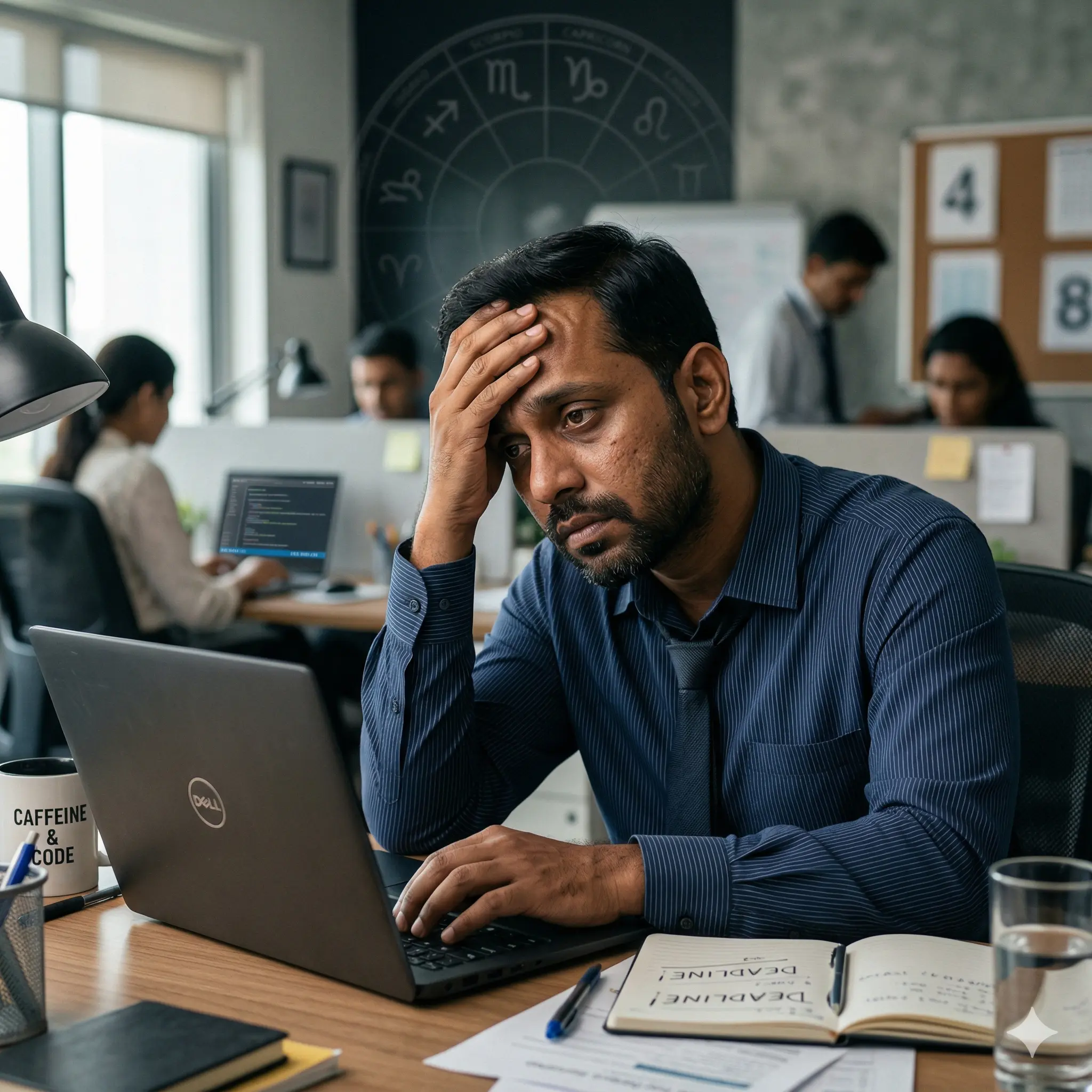 Indian professional sitting at desk feeling stressed and stuck in career with subtle numerology background