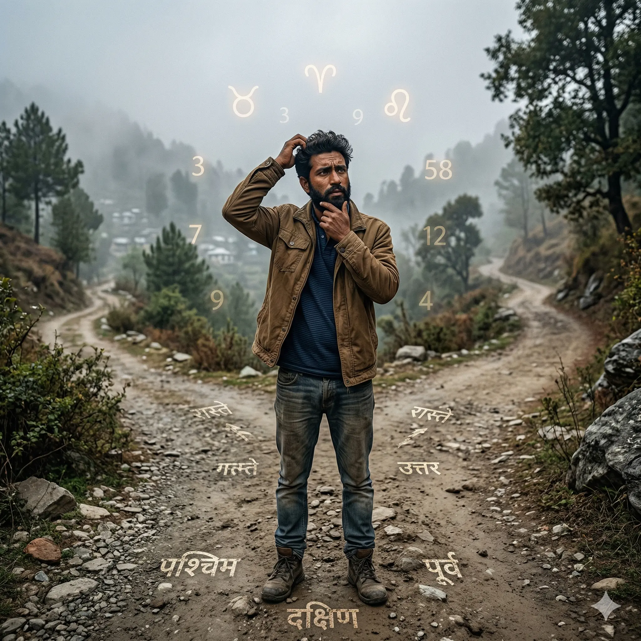 Indian person standing at crossroads looking confused with multiple choices and astrology symbols
