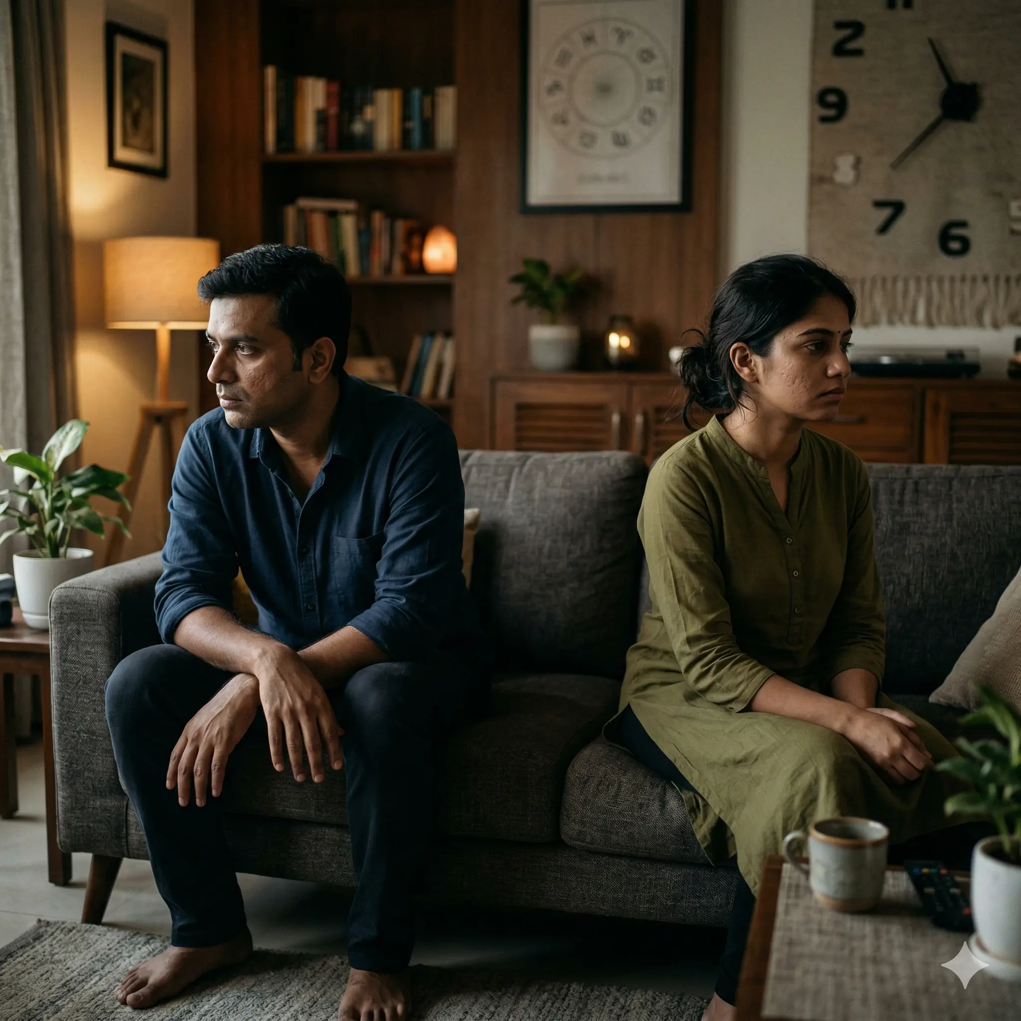 Indian couple sitting apart on sofa showing emotional distance and relationship problems with subtle astrology background