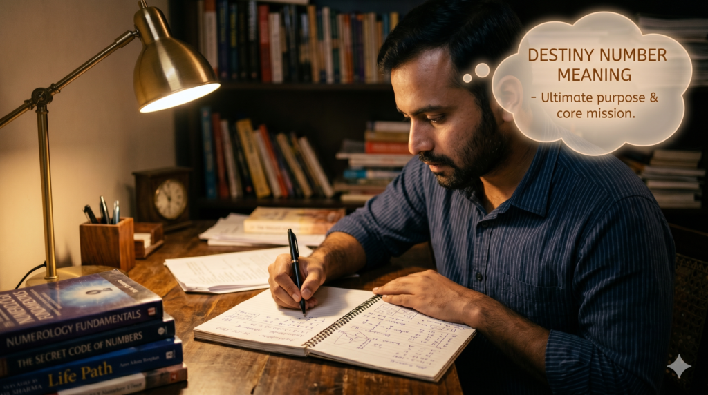 Indian man analyzing numerology chart to find destiny number with focused expression