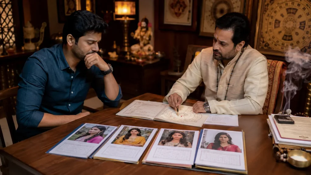Indian couple analyzing kundli charts for marriage compatibility with astrologer