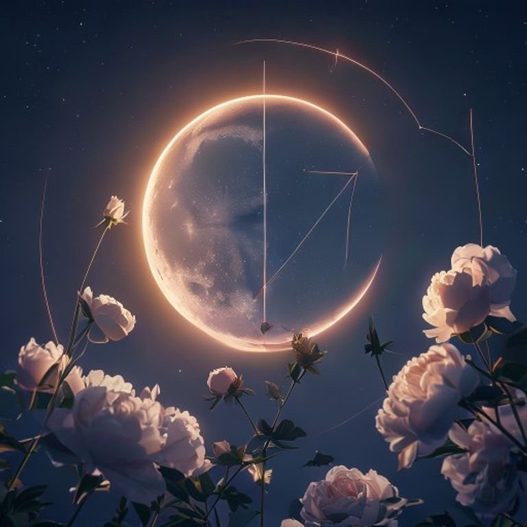 Full Flower Moon in Sagittarius 2024 glowing over blooming flowers.