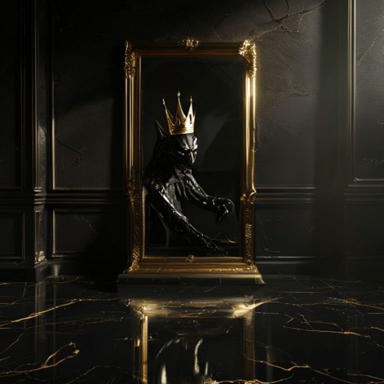 A cracked luxury mirror reflecting a shadow for Rahu in 7th House