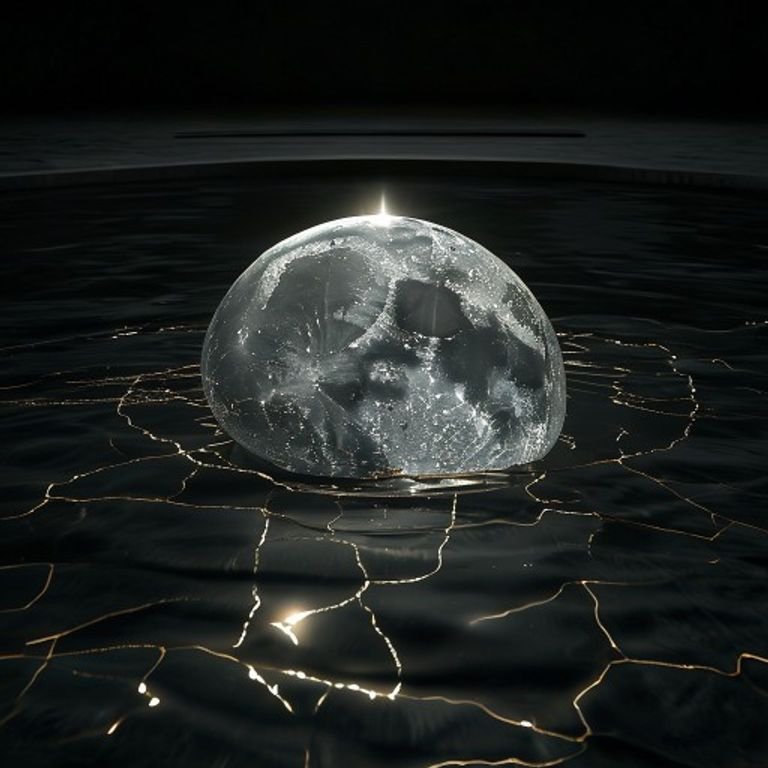 A glowing moon submerged in obsidian water representing 8th House Moon Secrets.