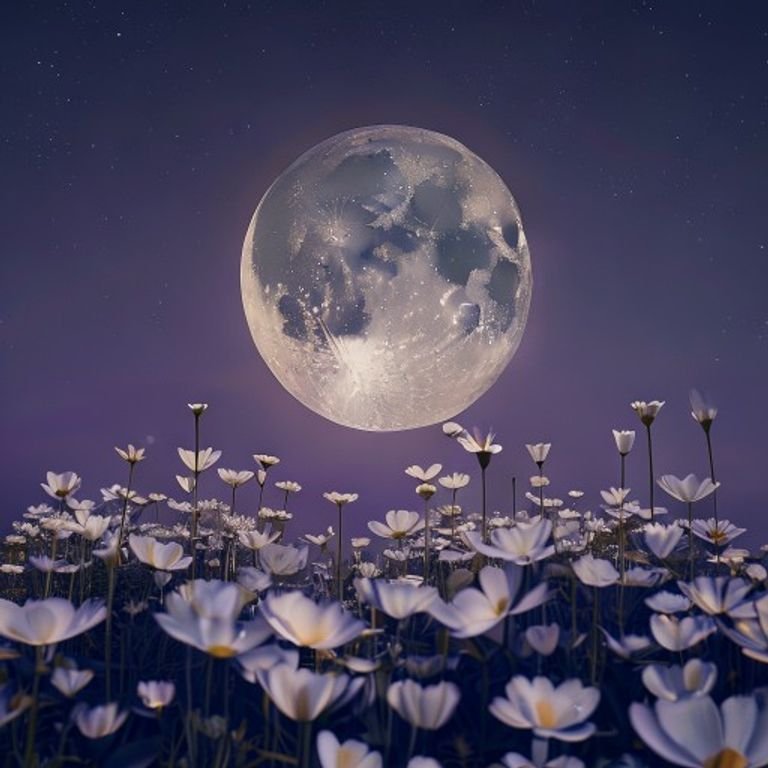 Full Flower Moon in Sagittarius 2024 glowing over a field of flowers.