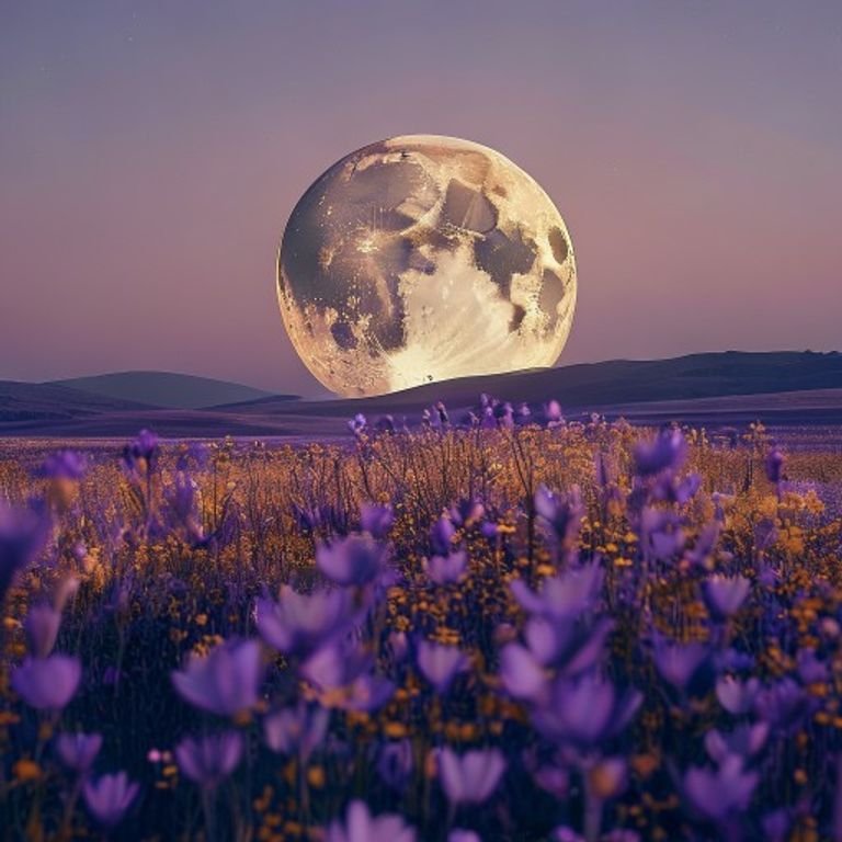 The May 2024 Full Flower Moon in Sagittarius glowing over a field of flowers.
