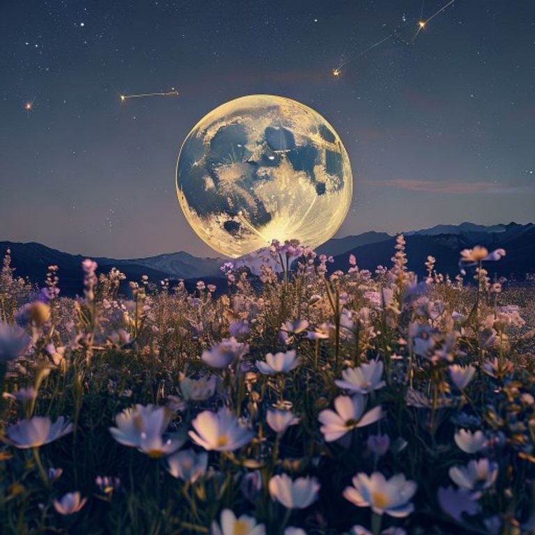 May 2024 Full Flower Moon glowing over a field of mountain blossoms