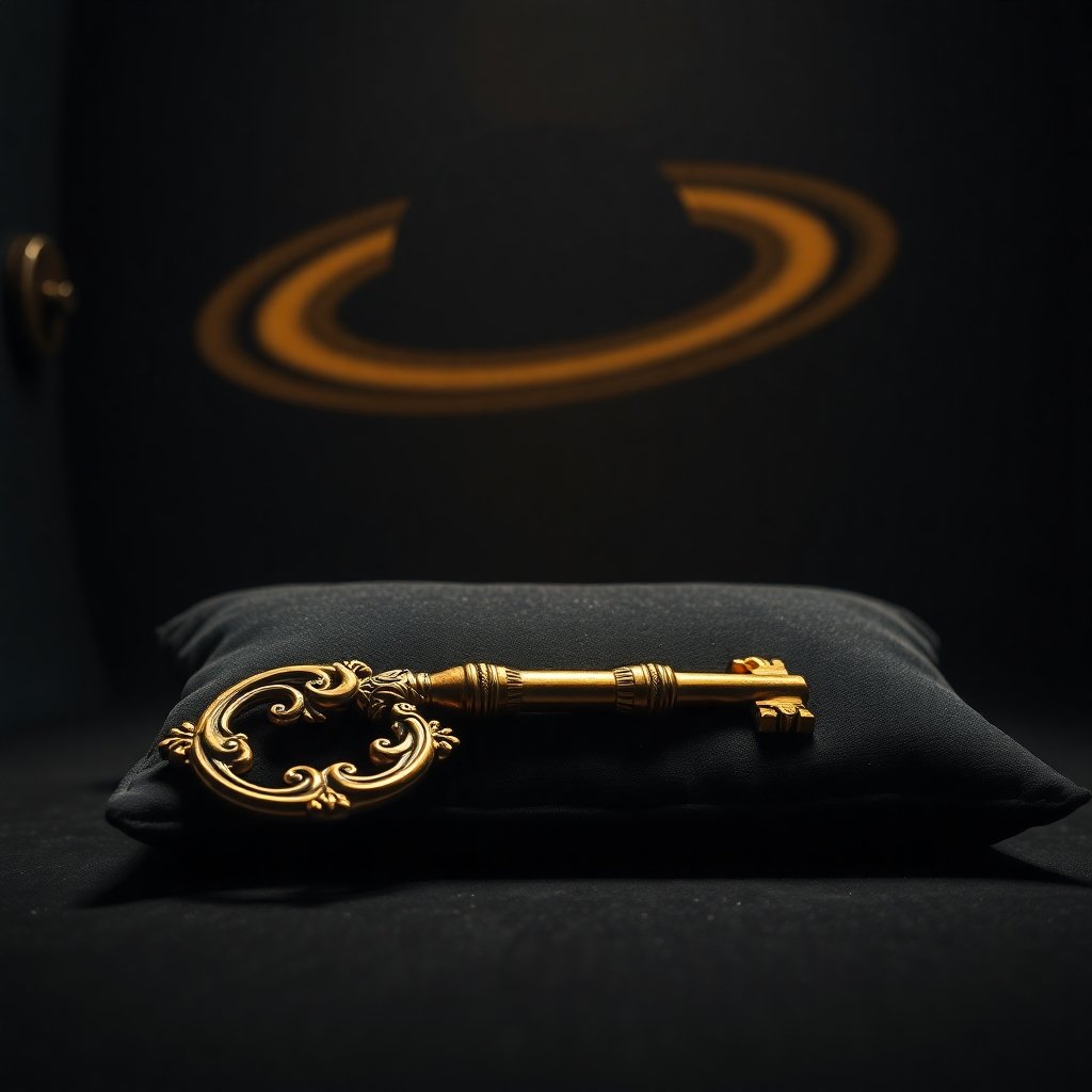An ornate golden key representing Saturn in the 8th house karma.