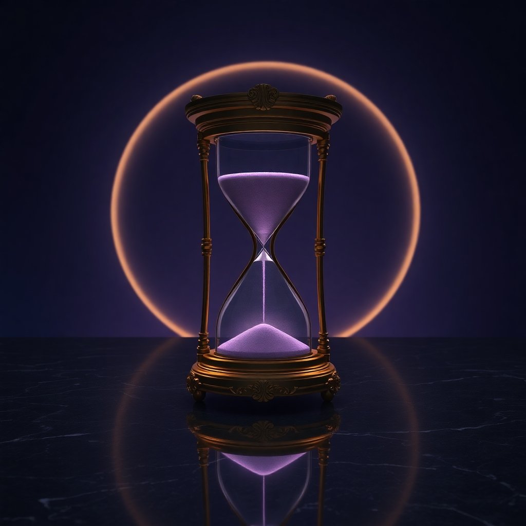 A golden hourglass under Saturn in the 8th house representing cosmic time.