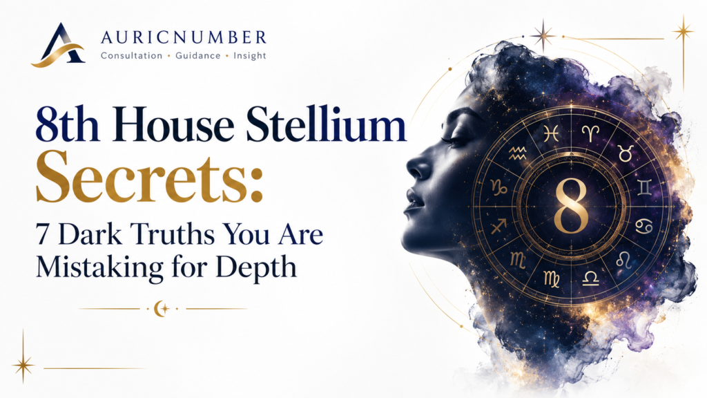 8th House Stellium Secrets visualized as a golden DNA strand through dark keys.