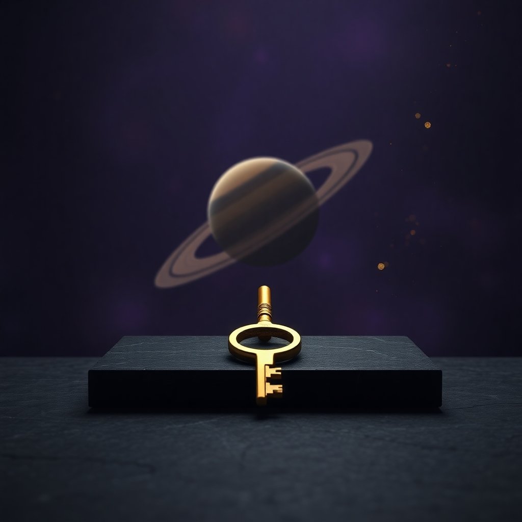 A golden key representing 8th House Saturn Karma transformation.