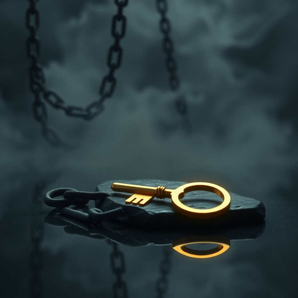A golden key on obsidian representing Saturn in the 12th House