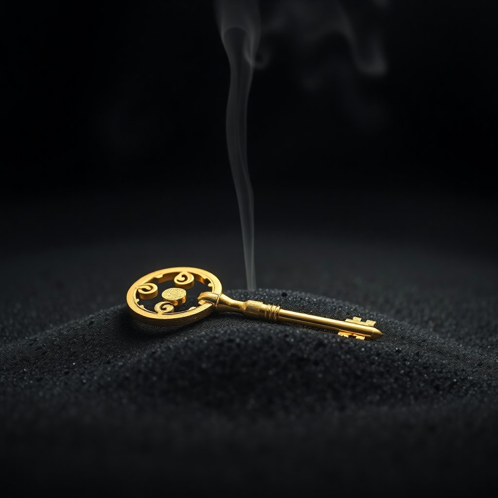 8th House Healing Trap golden key on obsidian sand.