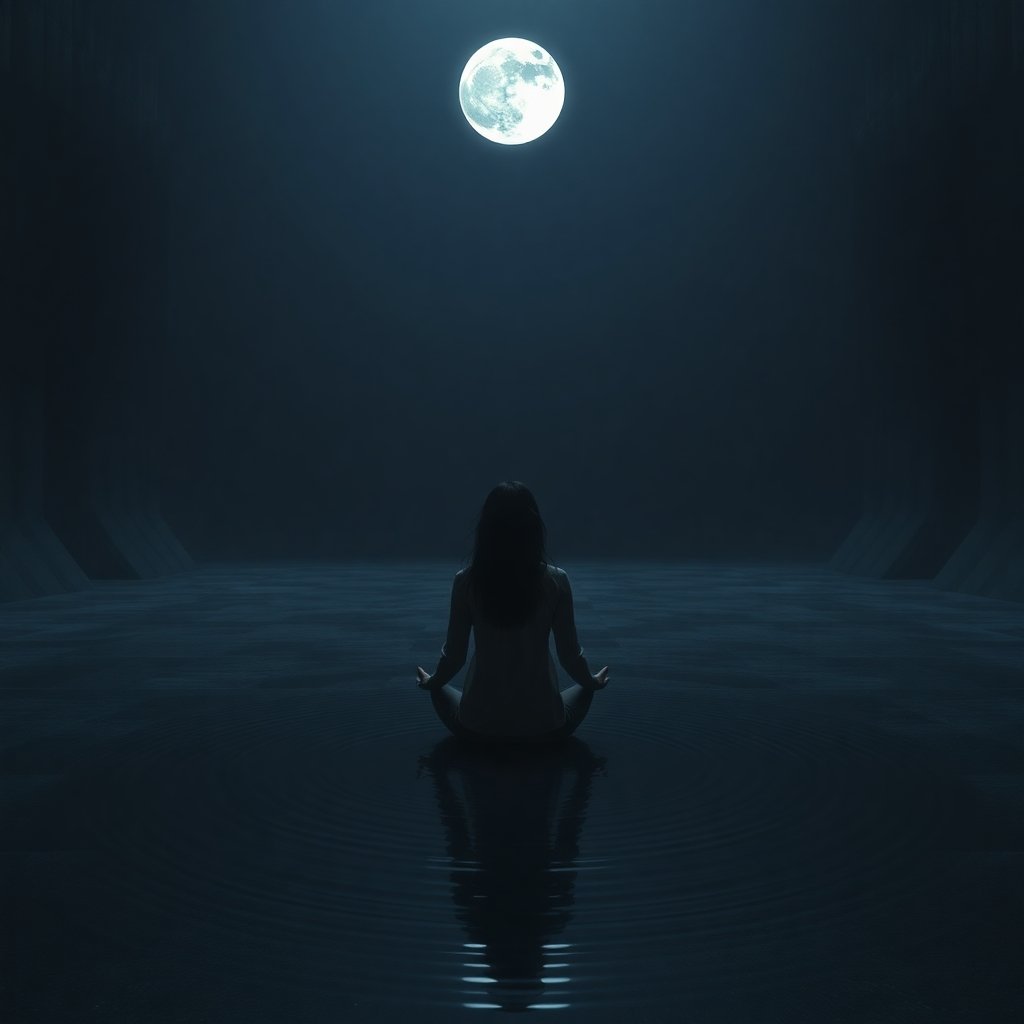 A serene figure meditating under a 12th House Moon in a dark void.