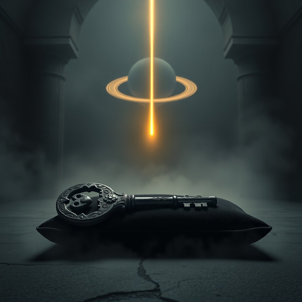 A heavy iron key illuminated by light representing Saturn in the 12th House.