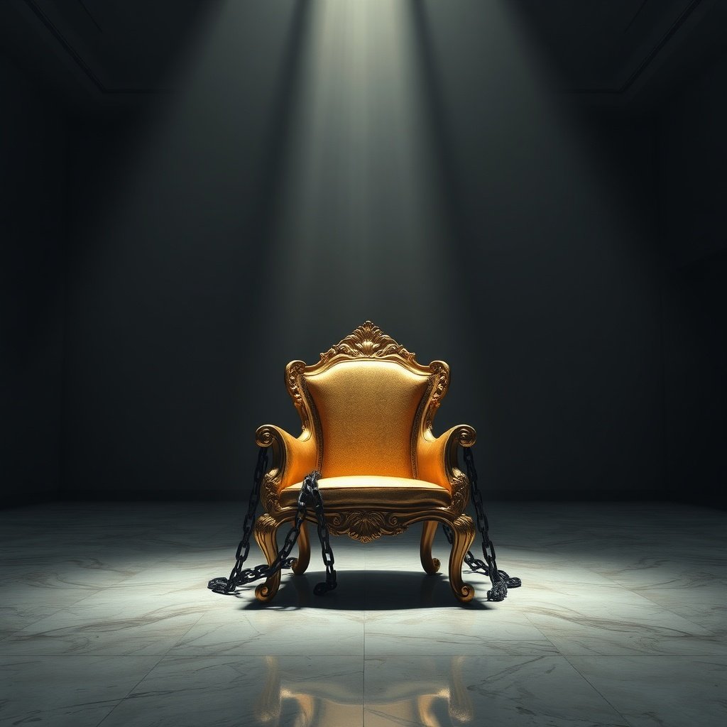 A golden chair bound by chains representing Saturn 12th House Success Guilt.