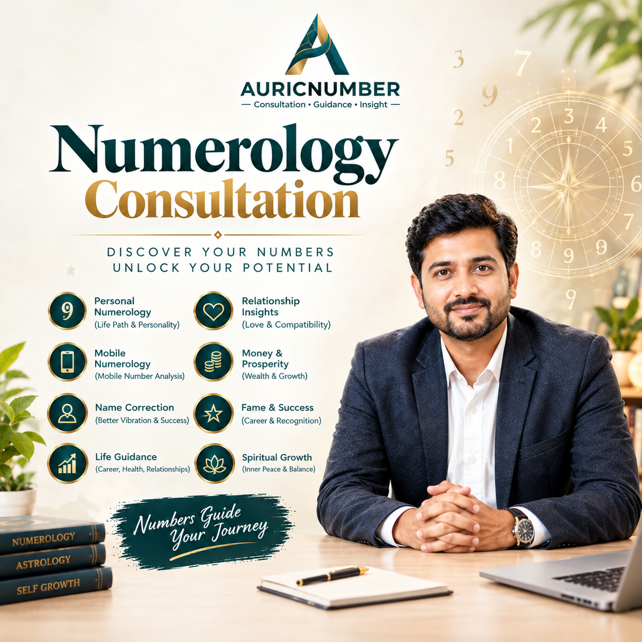 Professional Numerology Consultation session showing personalized number analysis for career, relationships, finances, life purpose, and personal growth.
