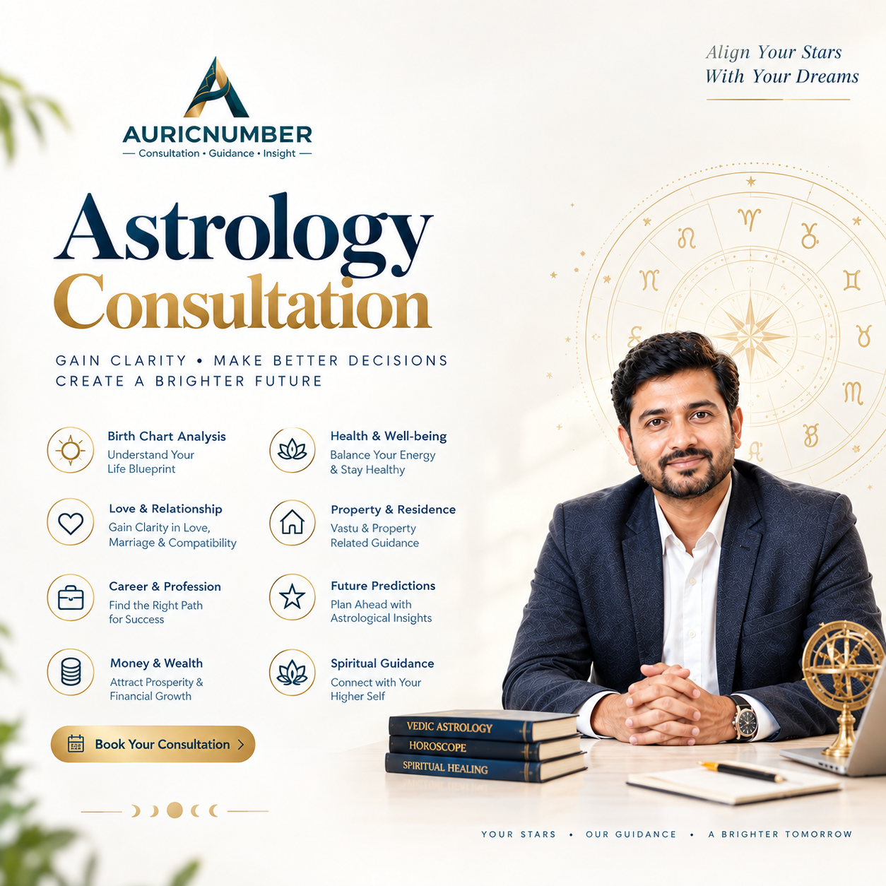 Professional Astrology Consultation banner featuring a zodiac wheel, astrology symbols, and personalized guidance for career, relationships, health, finances, and life purpose.