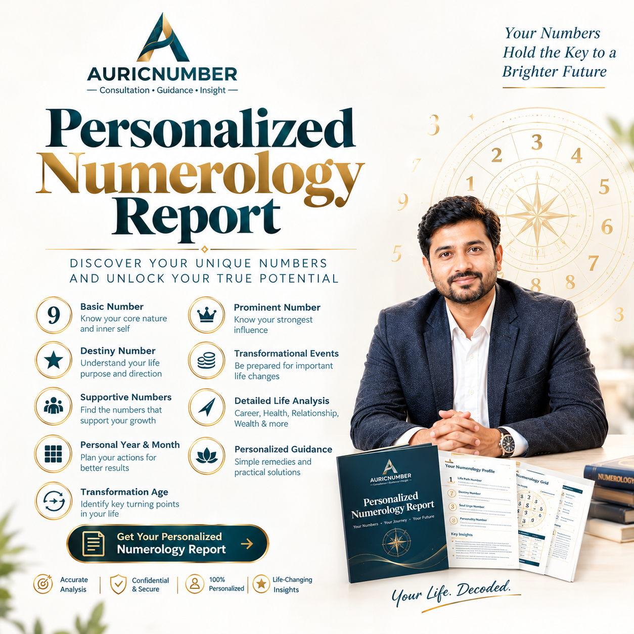 Personalized Numerology Report banner showing a customized numerology report generated from date of birth with monthly predictions, remedies, and life insights.