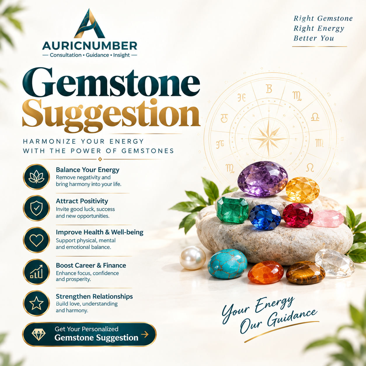 Gemstone Suggestion banner displaying various gemstones recommended according to numerology and astrology for success, prosperity, health, and positive energy.