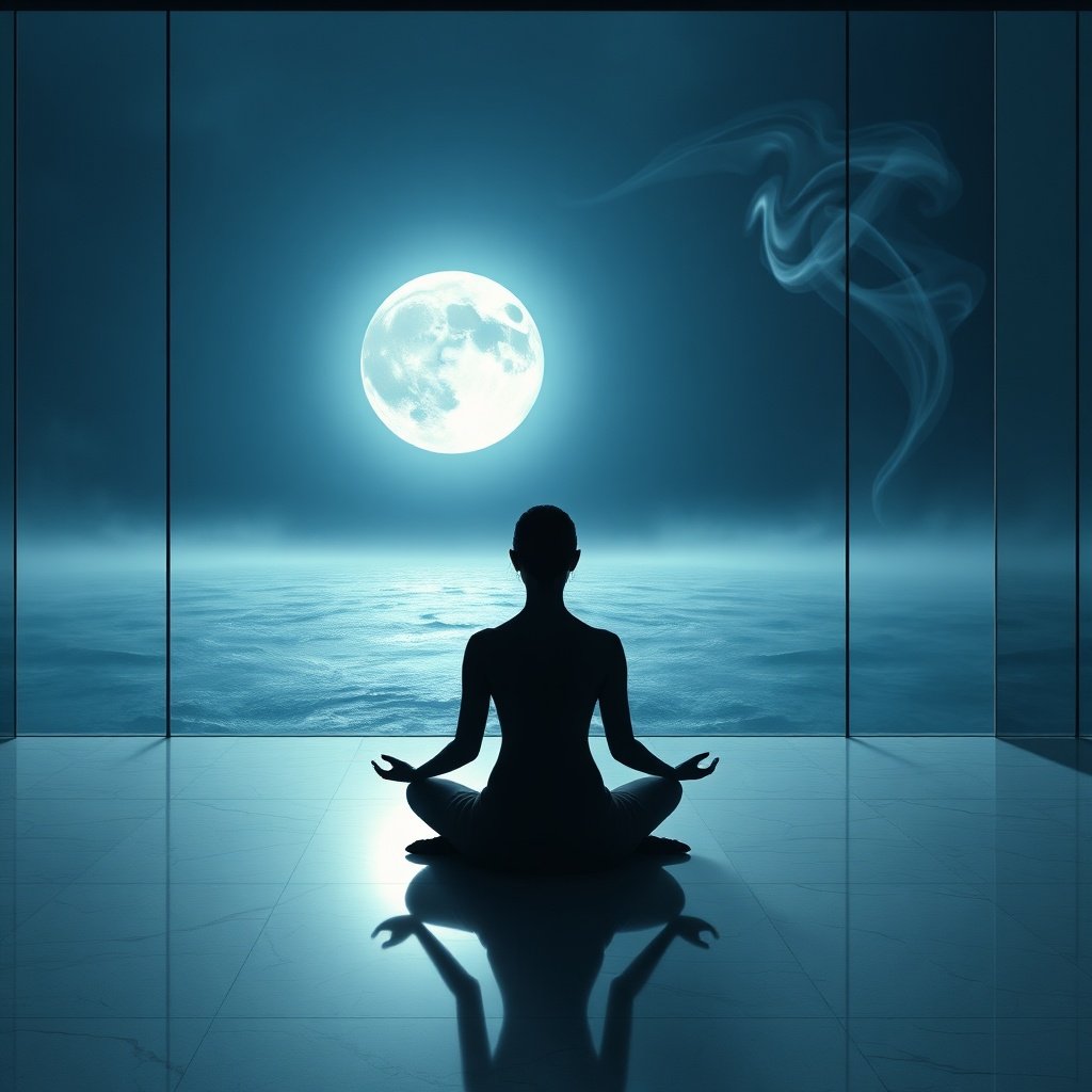 A woman meditating under a full moon representing 12th House Moon energy.