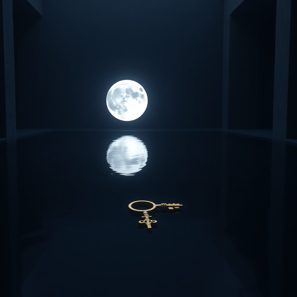 A glowing Moon in the 8th House reflecting in dark water with a hidden golden key.