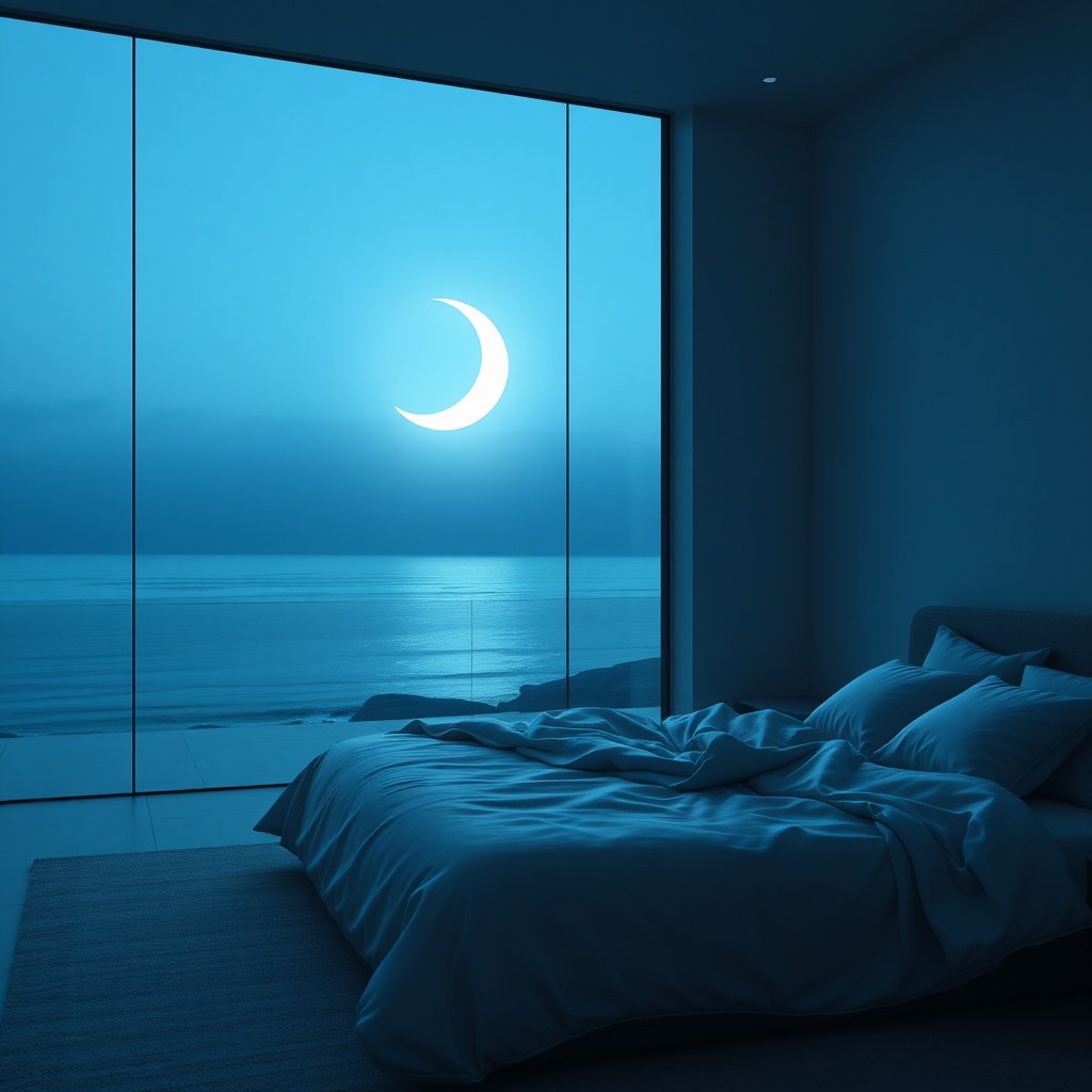 12th House Moon luxury bedroom with a glowing crescent moon view.