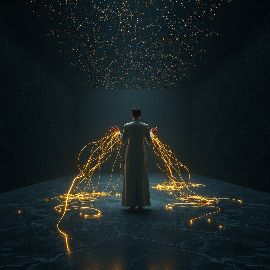 A figure representing Ketu in the 11th House standing in a cosmic hall.