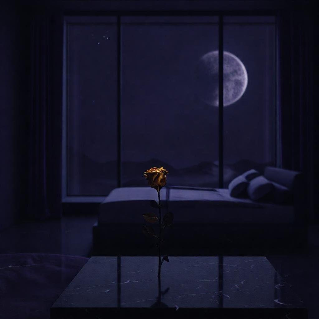 A gold rose and a glowing 8th House Venus planet in a luxury room.